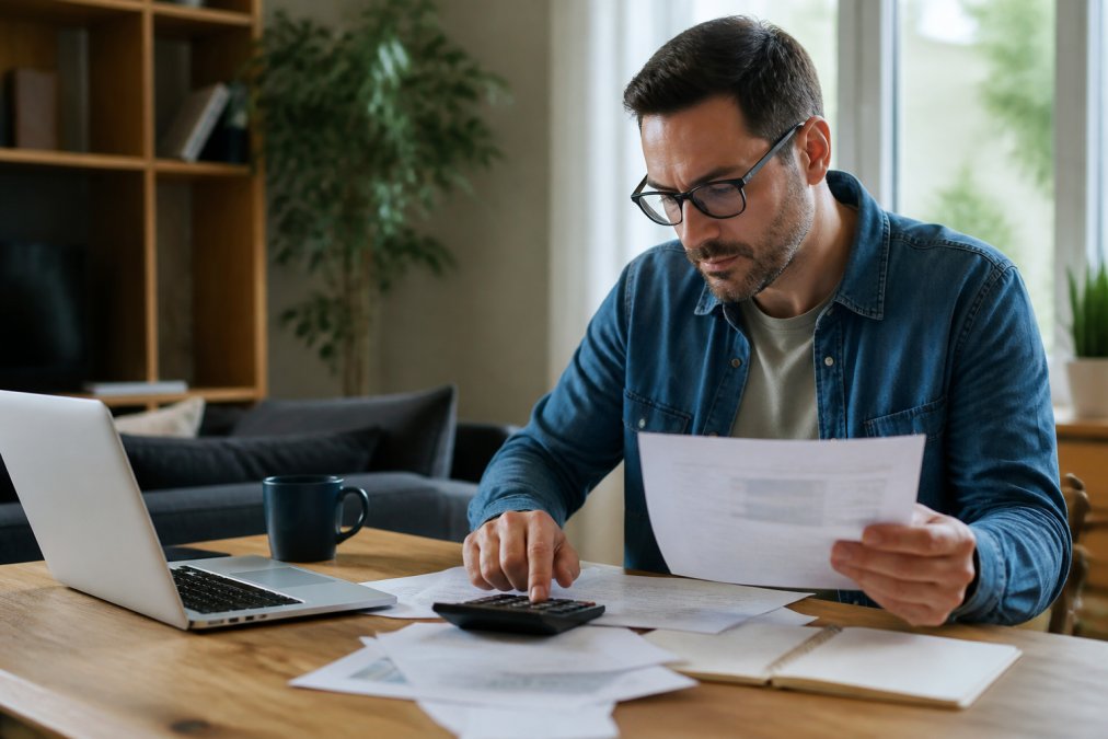 A self-employed professional reviewing financial documents and using a calculator at a home office desk, laptop open and coffee mug nearby, natural window light