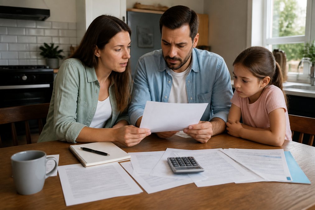 Family sitting at kitchen table reviewing mortgage documents and insurance papers with a calculator and statements visible, natural daylight from window