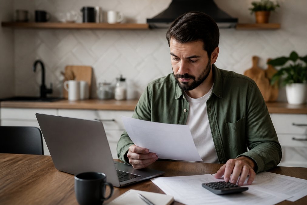 A first-time homebuyer sitting at a kitchen table with a laptop, reviewing mortgage documents and a calculator, with a cup of coffee nearby