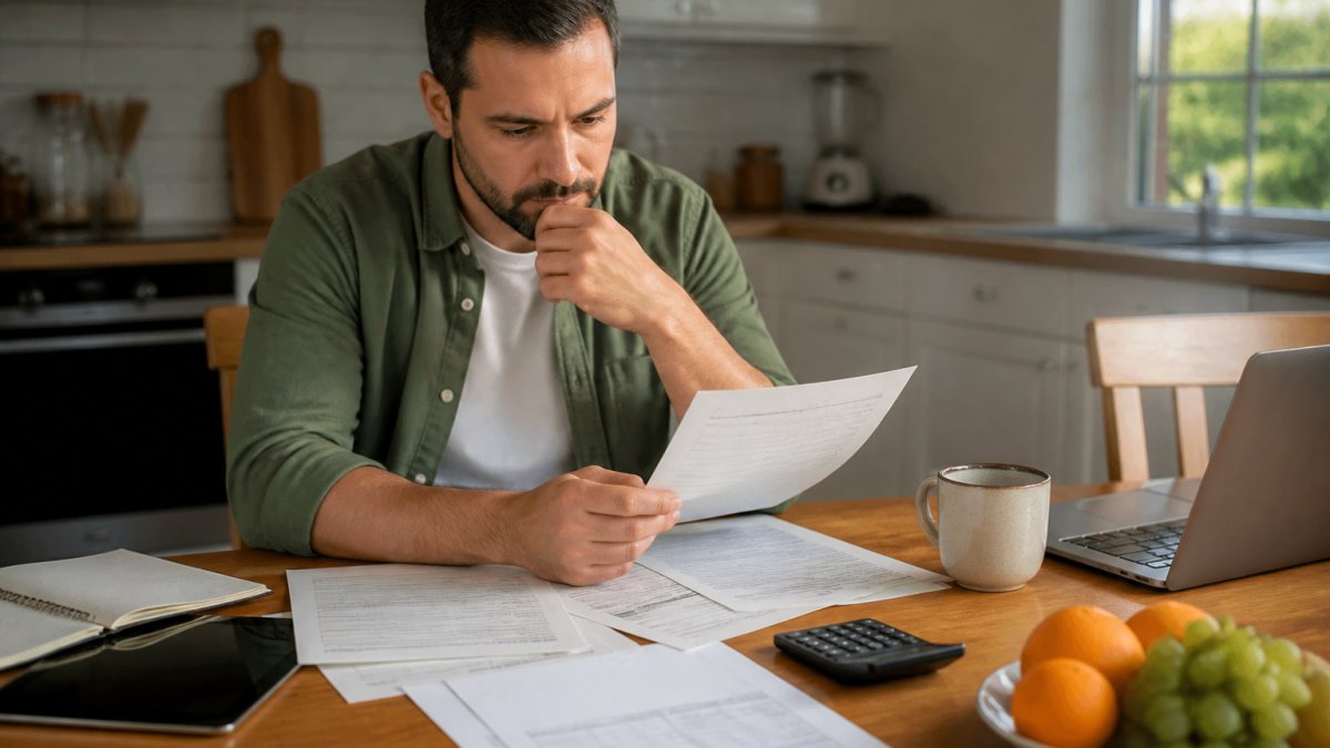 Homeowner sitting at kitchen table reviewing mortgage documents and insurance paperwork with a cup of coffee nearby
