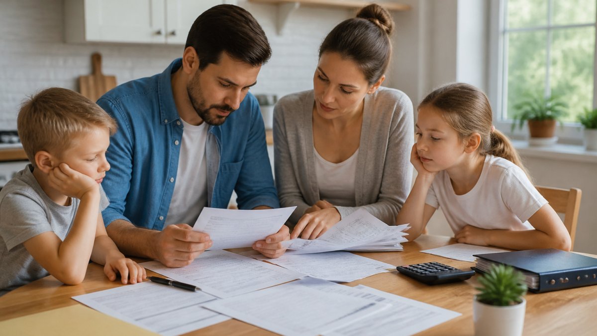 Young family with children reviewing financial documents at home, sitting at a kitchen table with mortgage paperwork and insurance forms, natural afternoon lighting from windows