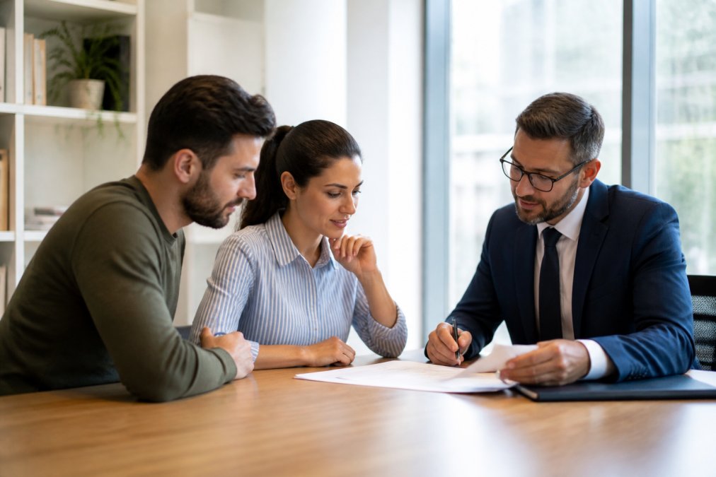 A couple reviewing loan paperwork with a mortgage loan officer across a bright modern desk, natural window light