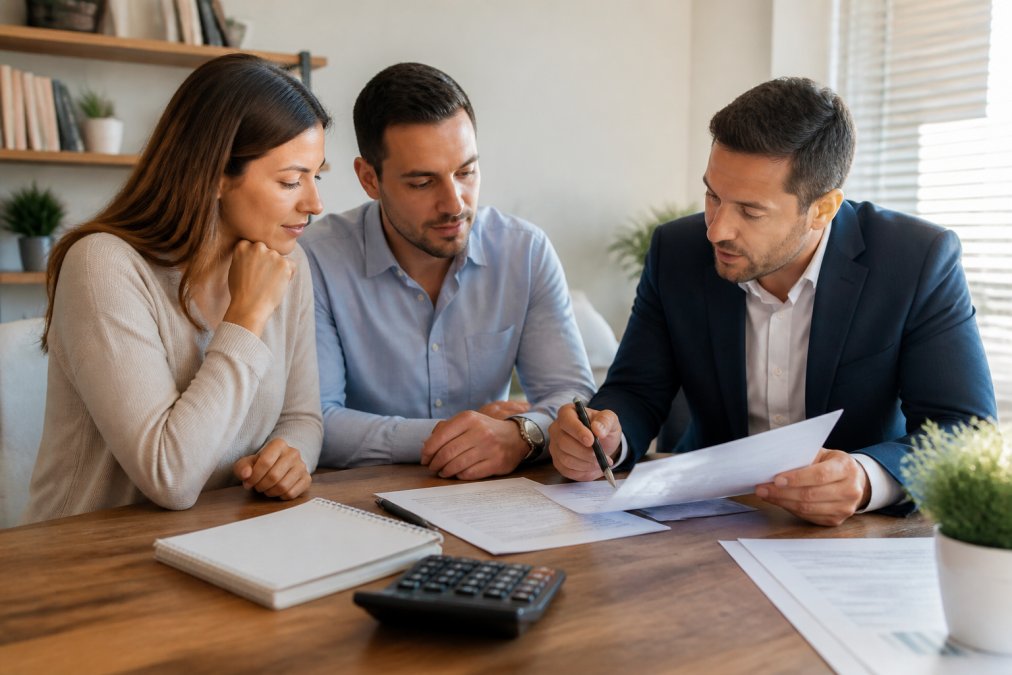 A couple reviewing mortgage refinance for debt consolidation documents with a financial advisor at a desk