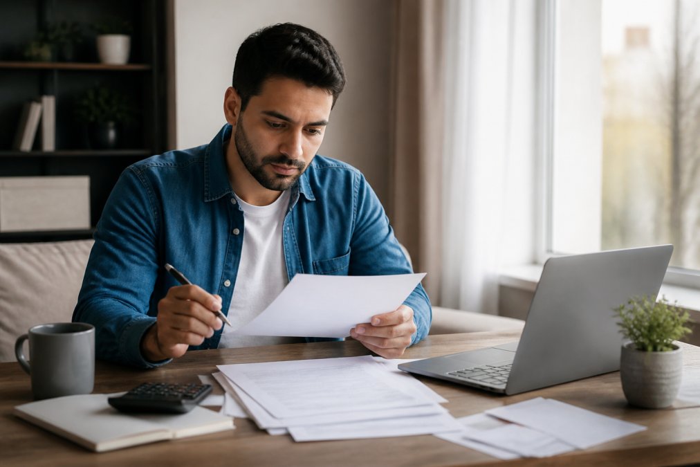 Homeowner sitting at desk with laptop and mortgage documents, reviewing paperwork with focused expression while holding a pen, natural afternoon light from window