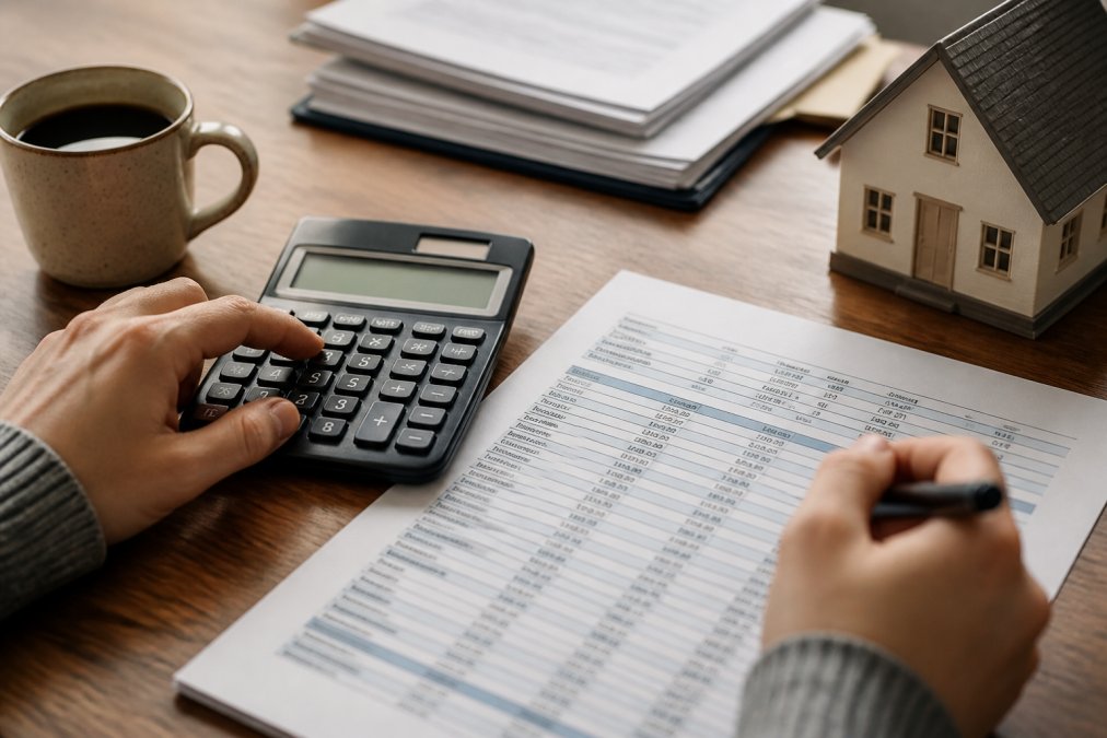 Close-up of a person's hands using a calculator beside a printed amortization schedule and a cup of coffee on a home office desk
