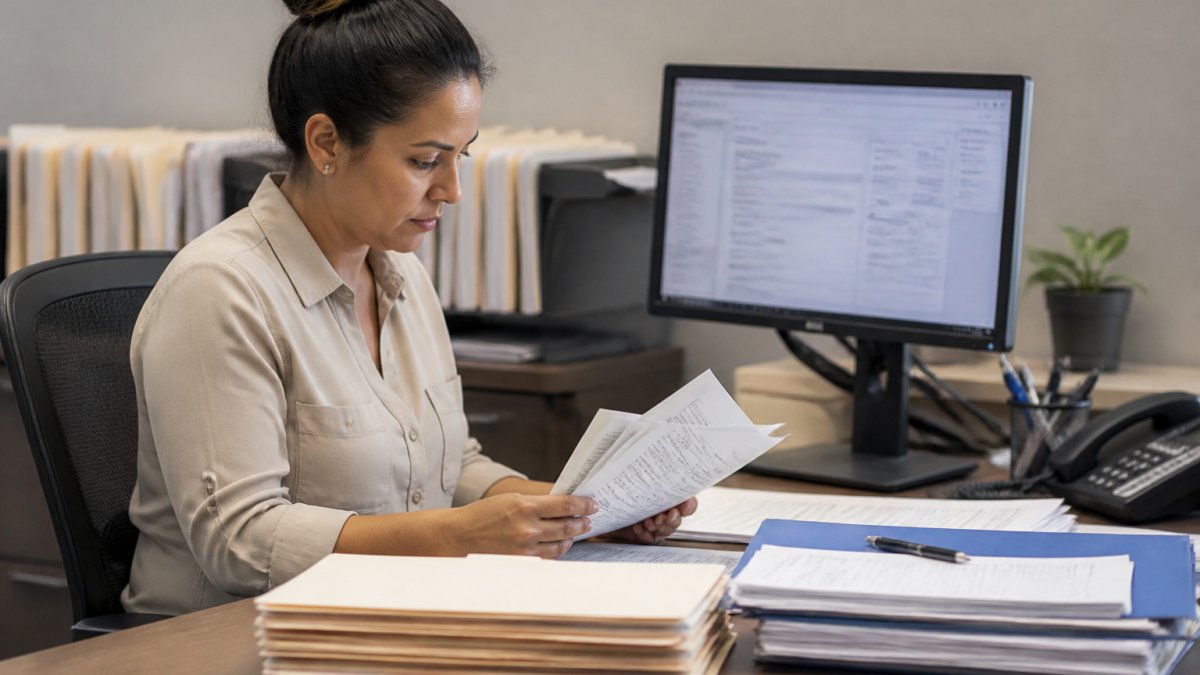 Professional mortgage underwriter reviewing loan documents and financial records at a desk with organized file folders and computer monitor showing application data