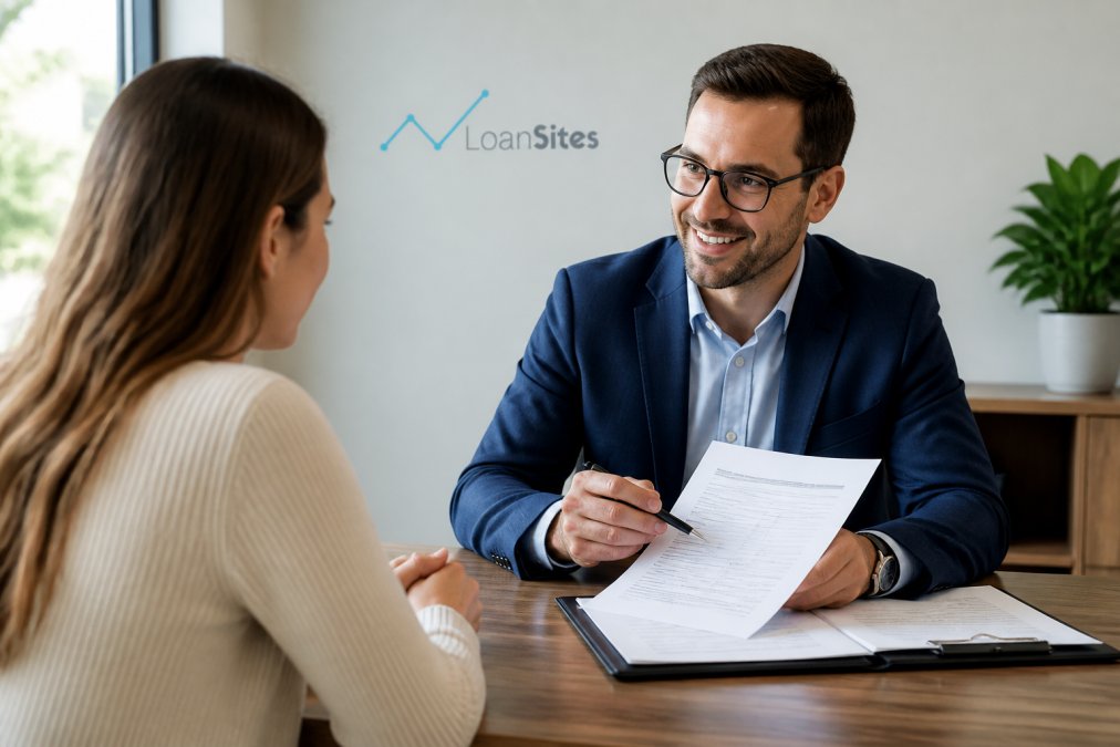 Professional loan officer at modern desk reviewing mortgage documents with client, natural lighting from window, showing expertise and client trust
