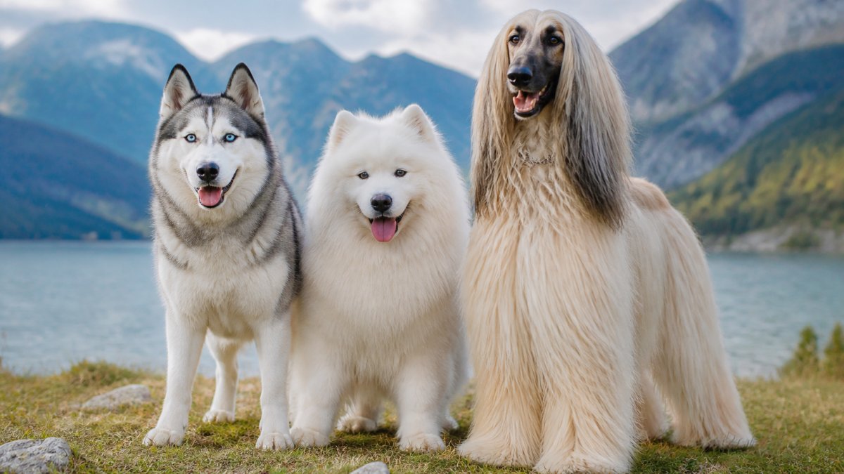 A Siberian Husky with striking blue eyes, a fluffy white Samoyed, and an elegant Afghan Hound with flowing coat standing together, showcasing diverse coat types and facial features in natural outdoor lighting