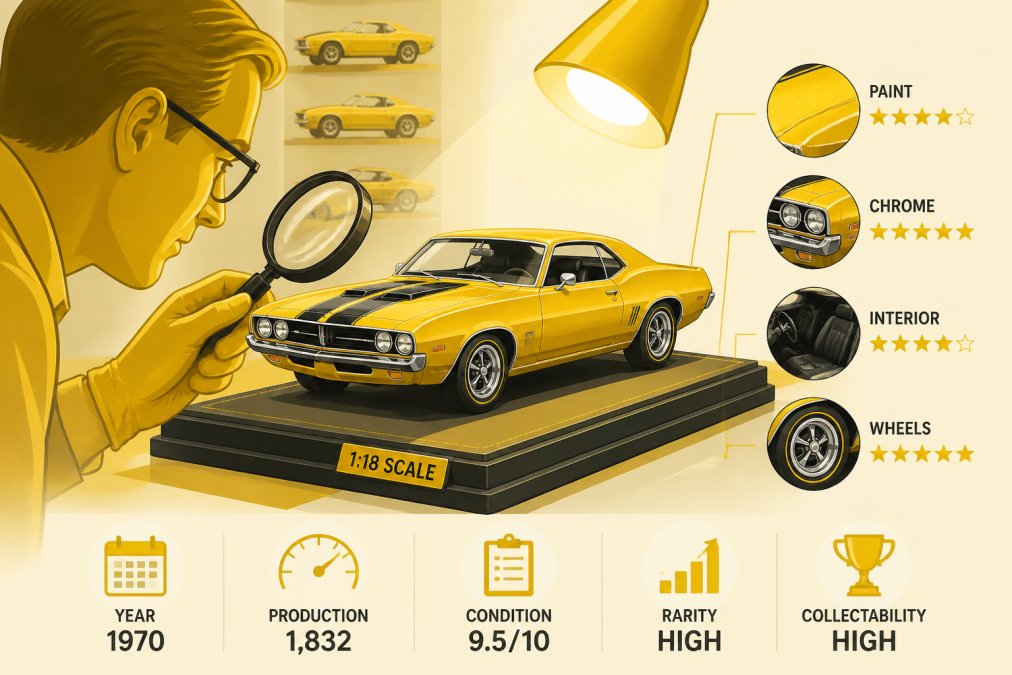 Collector examining a detailed 1:18 scale diecast muscle car model under warm display lighting, closely inspecting the paint finish and chrome details with magnifying glass