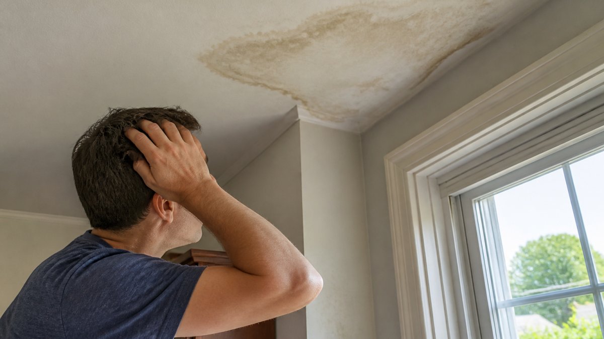 Homeowner inspecting a water stain on the ceiling, one of the most common home maintenance issues to address.