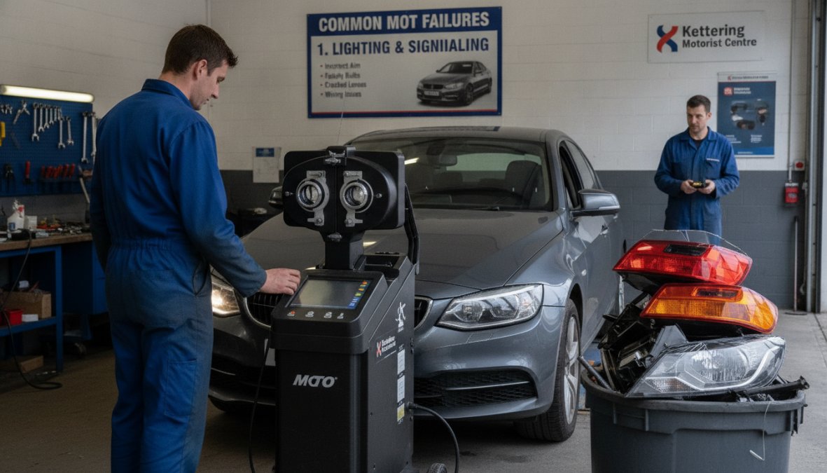 Close-up of a vehicle's front headlamp and indicator lights being inspected by a technician with a testing device in a garage setting