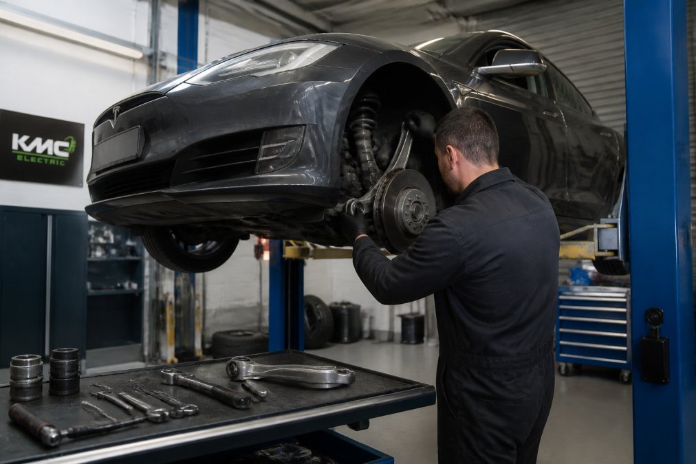 A Tesla Model S raised on a garage lift with a technician in dark overalls inspecting the front suspension arms and bushes, hand tools laid out on a nearby bench under bright workshop lighting
