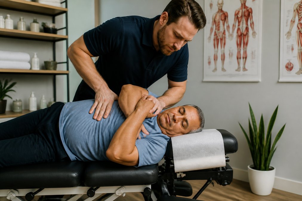 Chiropractor performing a gentle spinal adjustment for chronic pain treatment in a modern clinic room