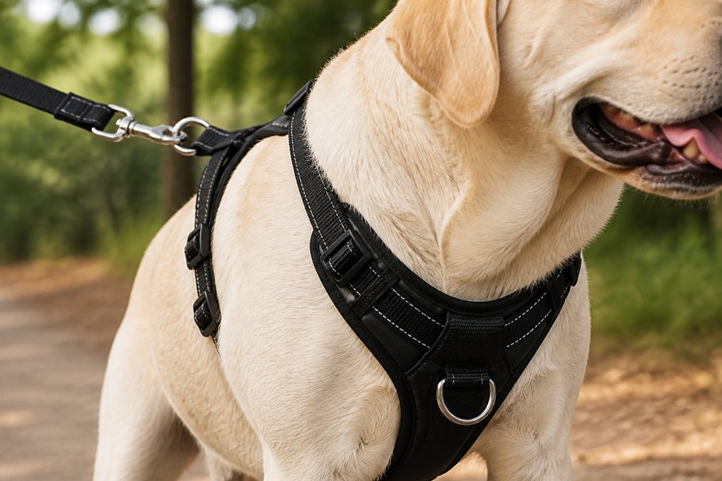 Close-up of a dog wearing a padded harness with visible webbing, reinforced stitching, and metal D-ring hardware during an outdoor walk in natural daylight