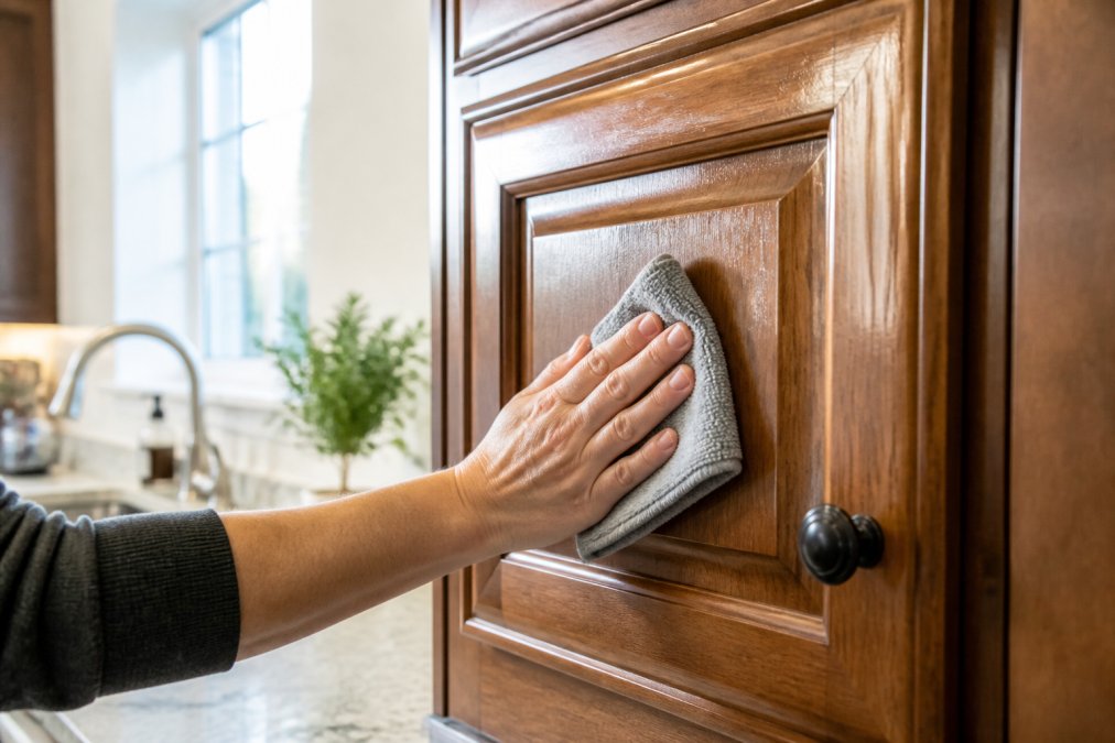 A person wiping down a finished wood kitchen cabinet door with a soft damp cloth in a bright kitchen, showing the smooth reflective sheen of a factory-applied finish
