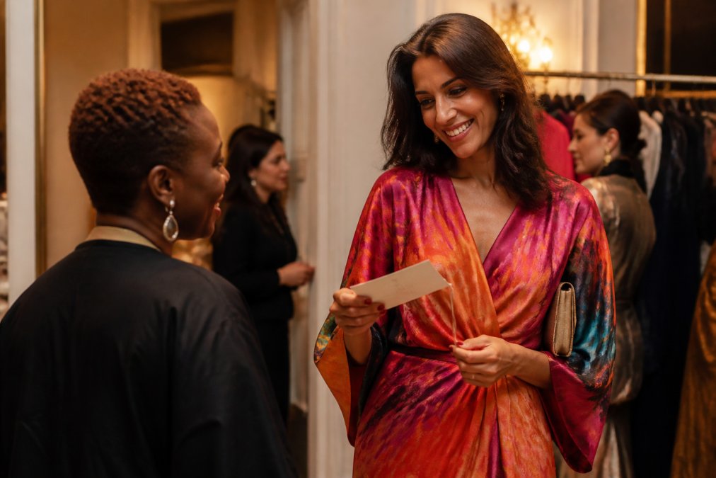A woman in her thirties wearing a vibrant hand-dyed midi dress at an elegant evening event, holding a small card with handwritten production details, warm ambient lighting