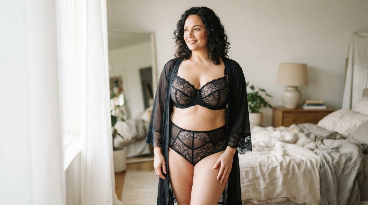 Confident plus-size woman wearing supportive black lace lingerie in a sunlit bedroom