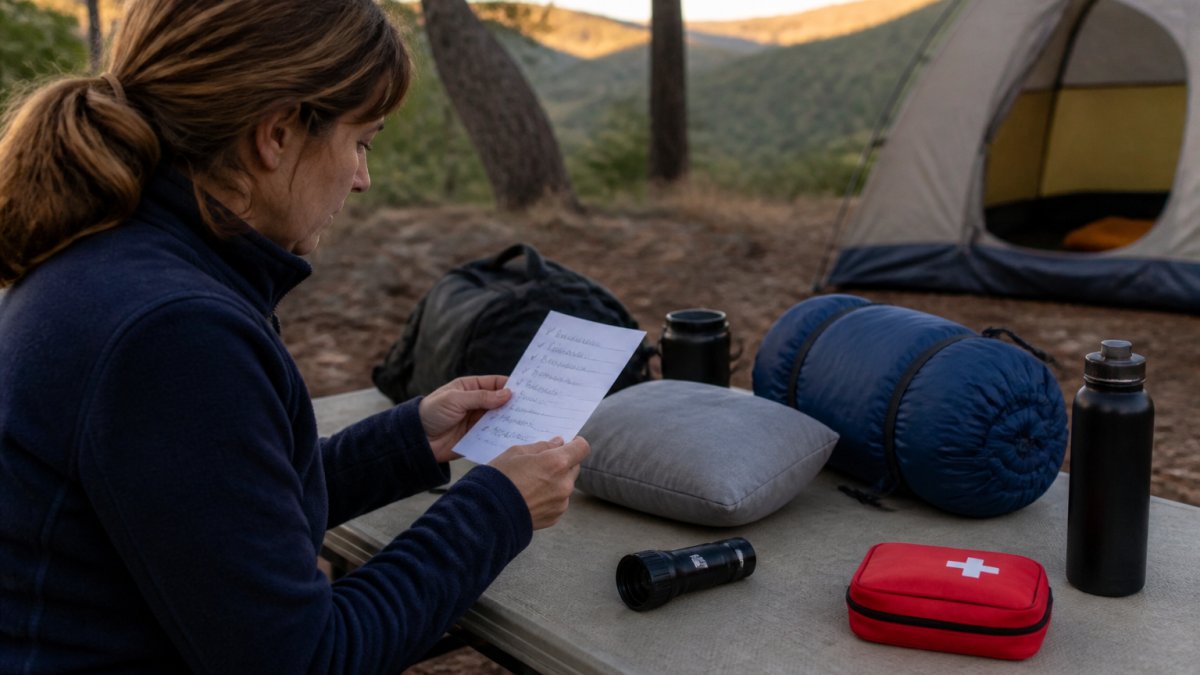 Camper reviewing a handwritten packing checklist while camping gear is spread across a table, including a sleeping bag, water bottle, flashlight, pillow, and first-aid kit in natural evening light