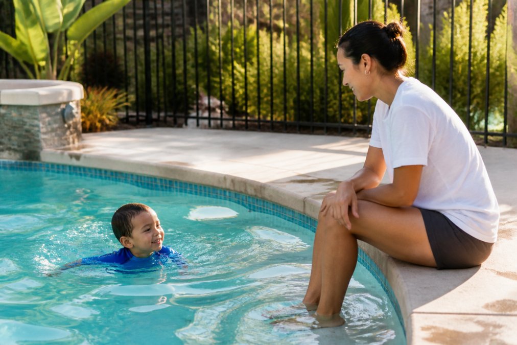 A parent sitting at the edge of a swimming pool, fully focused on a young child in the water, with no phone or distractions nearby, warm natural lighting