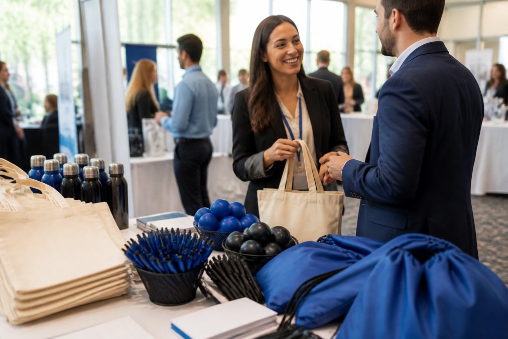 Business professionals at a trade show booth surrounded by branded promotional items including pens, tote bags, stress balls, and drawstring bags displayed on tables with natural lighting