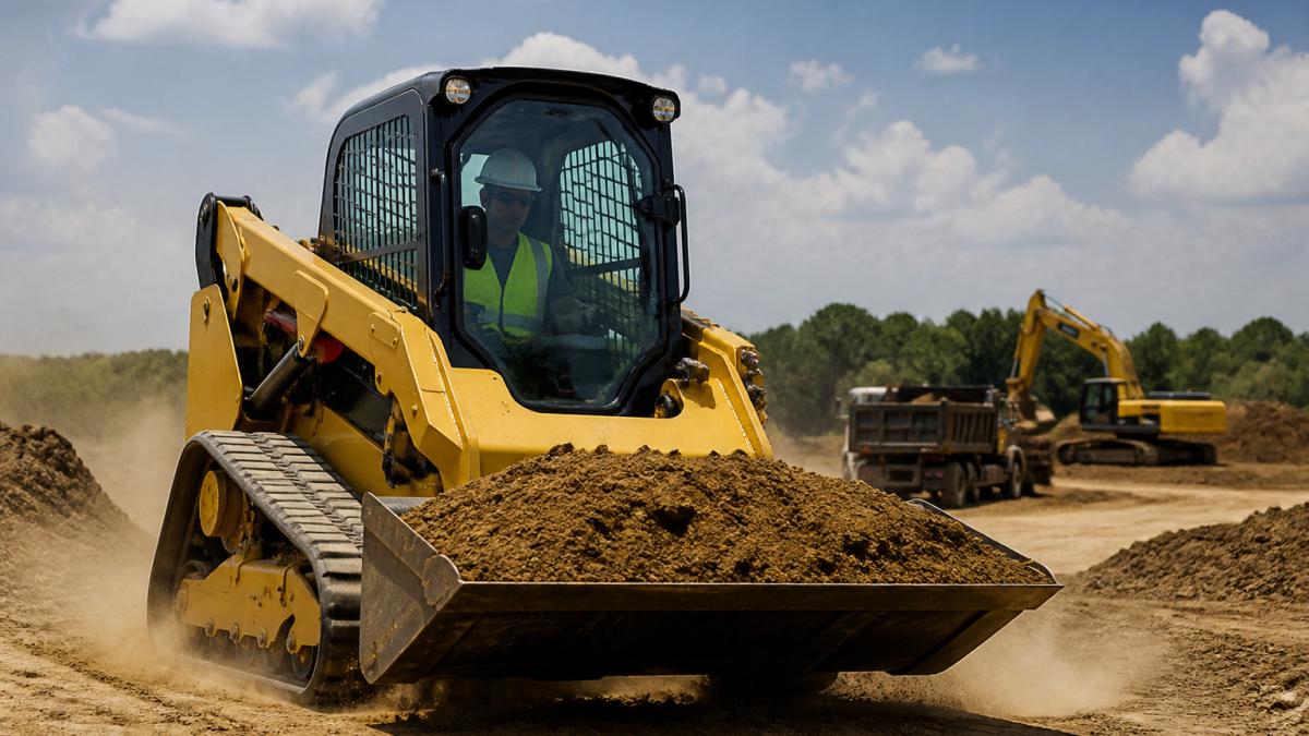 A compact track loader moving heavy material on a construction job site, with an operator in the cab and a bucket full of dirt, dust in the air, other equipment in the background