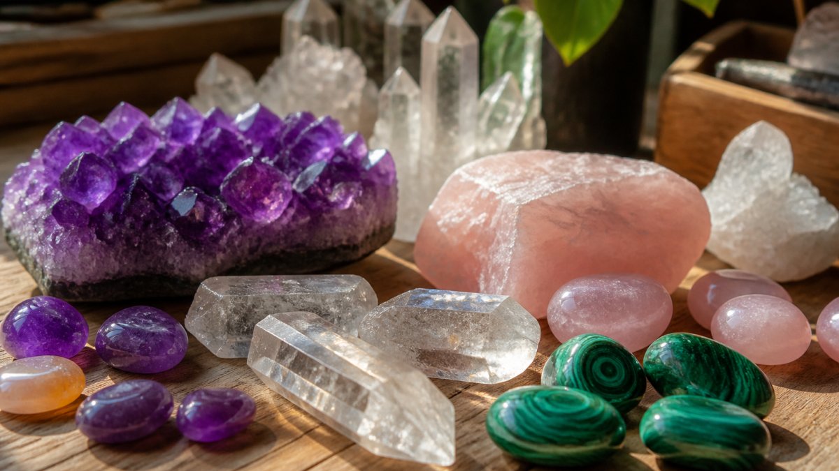 Assorted raw and tumbled healing crystals arranged on a wooden surface in natural light, including deep purple amethyst, clear quartz points, soft pink rose quartz, and banded malachite stones