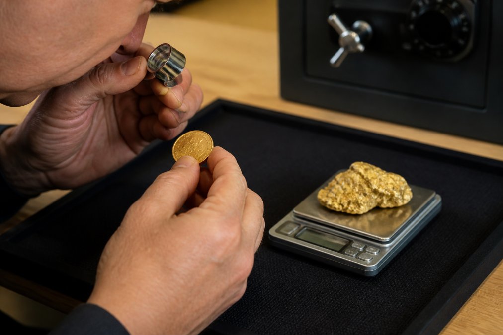 Hands using a loupe and digital scale to inspect a gold coin and nugget on a tray with a home safe nearby