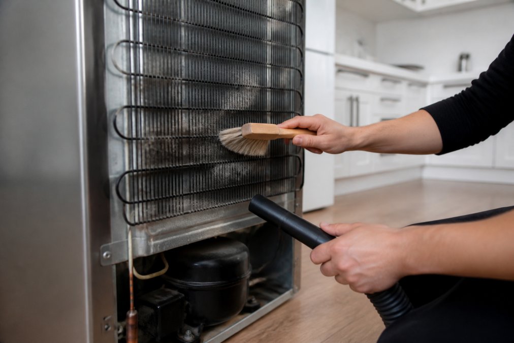 Close-up of hands using a soft brush to clean refrigerator coils at the back of a stainless steel appliance, showing dust removal in a modern kitchen