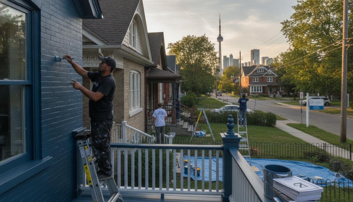 Professional painter in protective gear carefully applying interior paint to residential wall with precision brush technique and natural lighting