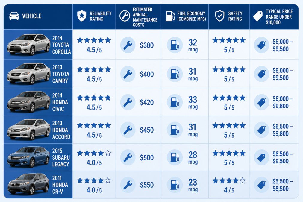 Comparison matrix showing 2014 Toyota Corolla, 2013 Toyota Camry, 2014 Honda Civic, 2013 Honda Accord, 2015 Subaru Legacy, and 2011 Honda CR-V with columns for reliability rating, estimated annual maintenance costs, fuel economy (combined mpg), safety rating, and typical price range under $10,000