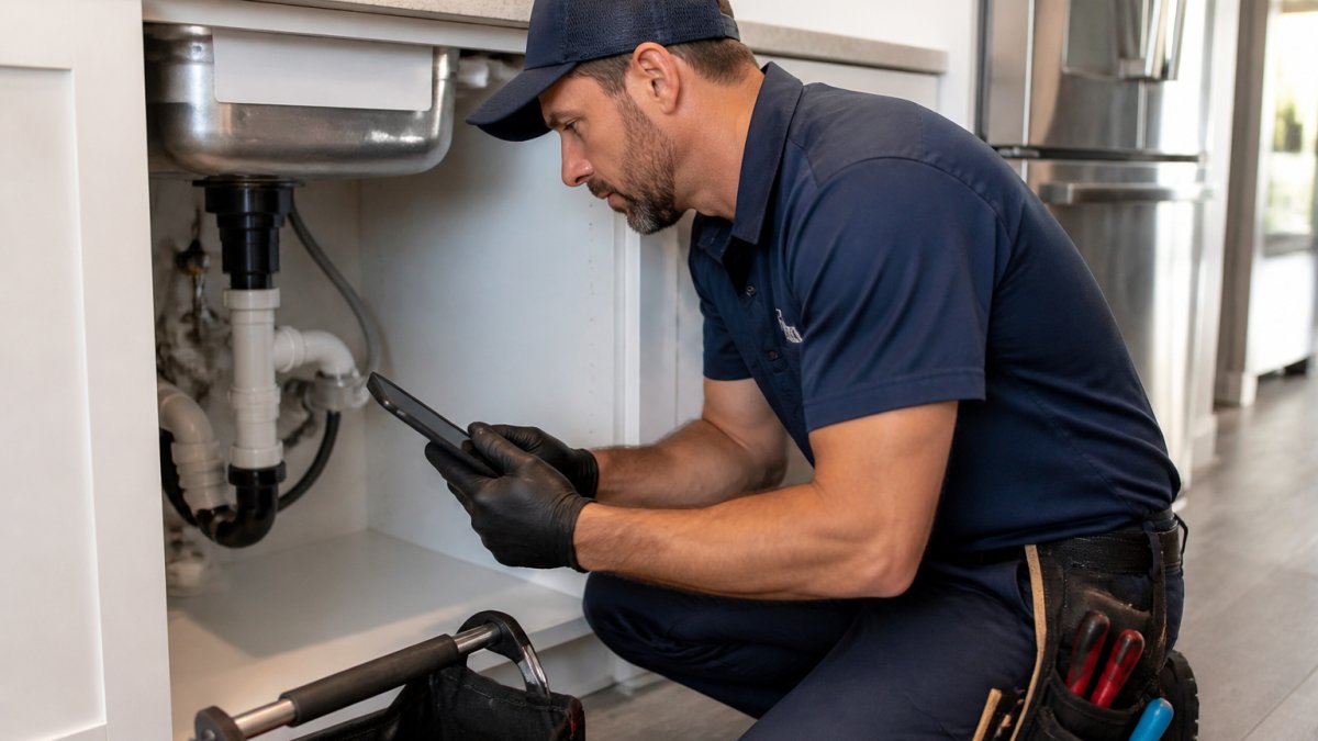 Professional uniformed technician in work gear examining a leaking pipe under a kitchen sink while taking notes on a digital tablet in a modern home