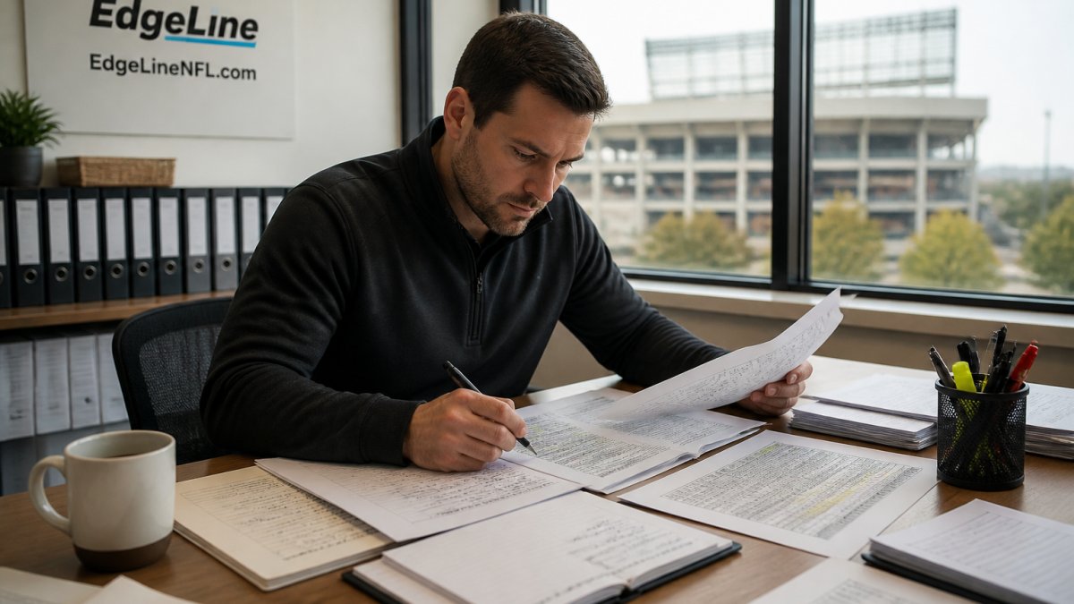 Sports analyst reviewing team statistics and injury reports on multiple monitors in a professional workspace with natural lighting