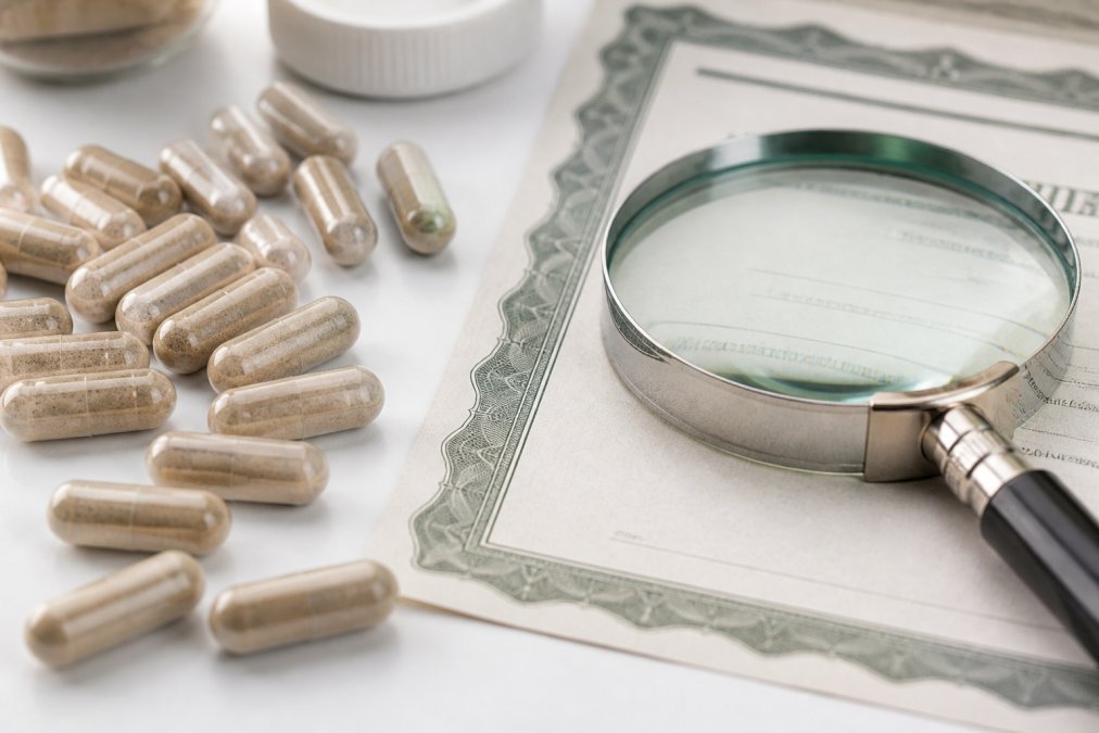 Close-up of supplement capsules arranged neatly on a clean white surface next to a quality certification document and a magnifying glass