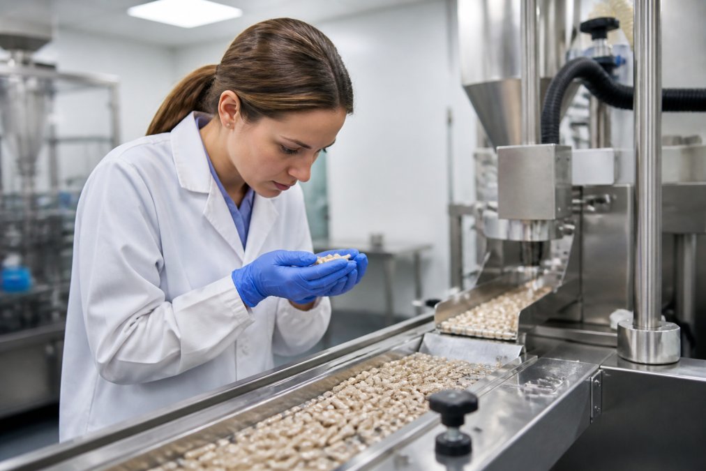 A quality control technician in a white lab coat carefully inspecting supplement capsules on a production line inside a clean, well-lit UK manufacturing facility