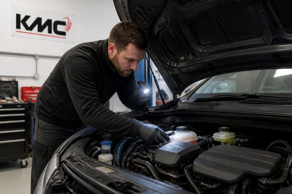 Professional mechanic inspecting a vehicle's engine bay with a torch, checking fluid levels and engine components under the bonnet in a well-lit garage
