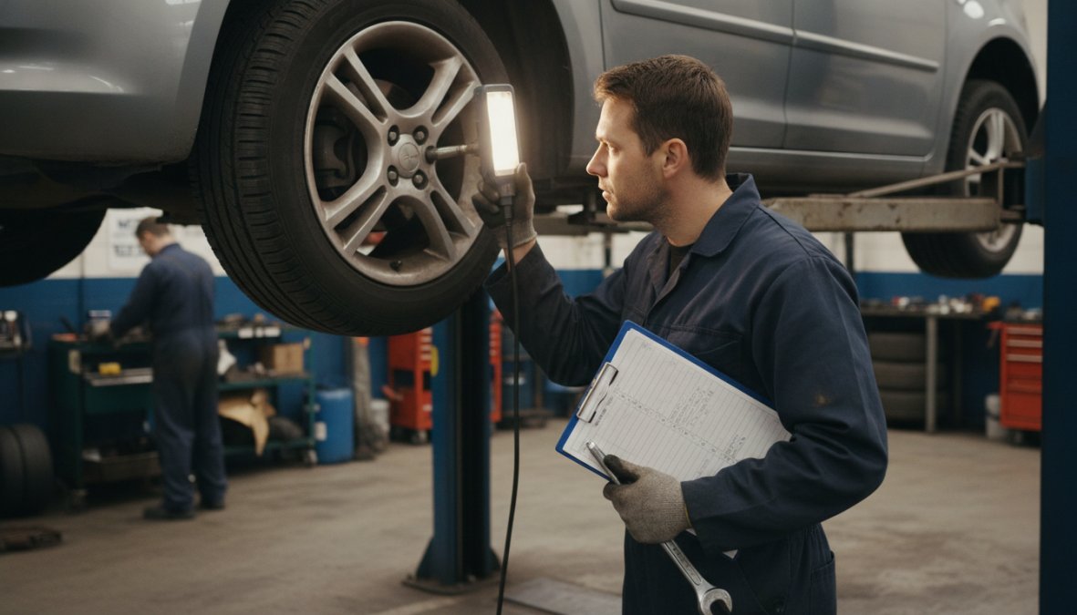Mechanic performing brake test on a car in an MOT test centre, checking brake pads and discs with specialized equipment, wearing blue overalls
