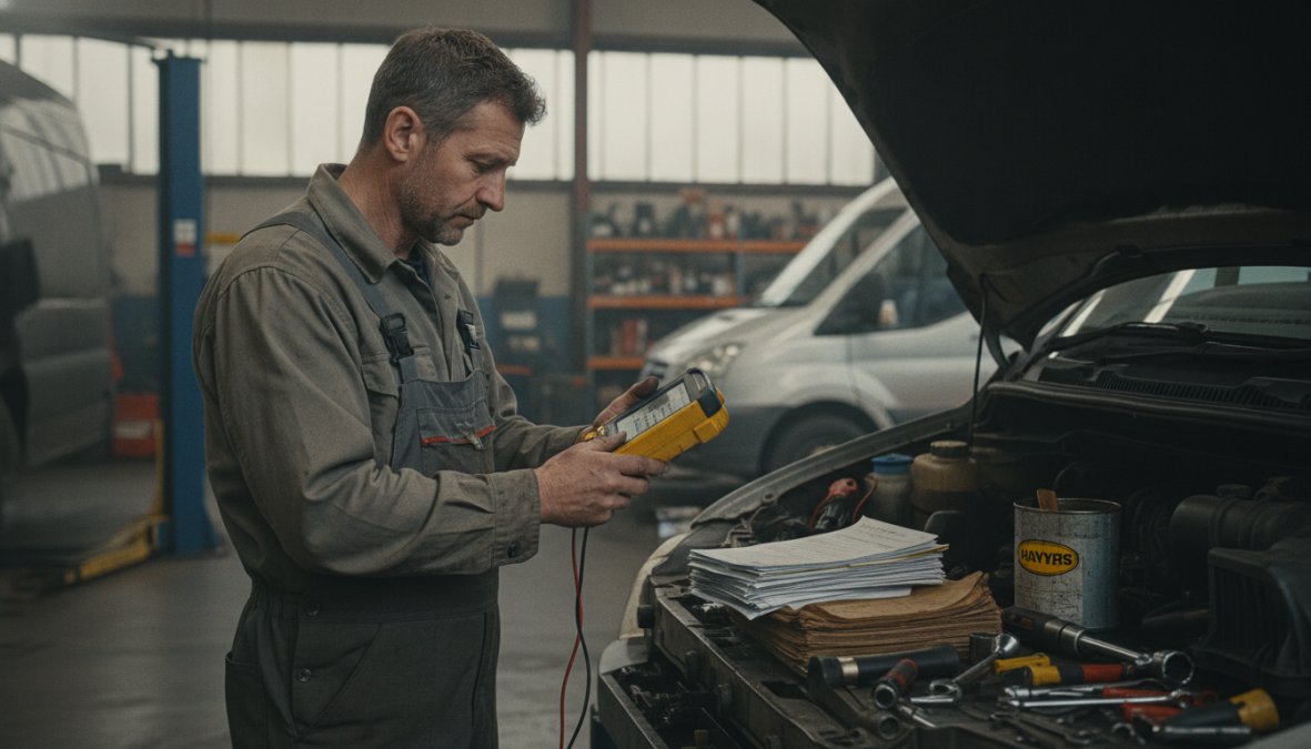 Mechanic performing brake inspection on a commercial van in a workshop, checking components with diagnostic tools and measuring equipment