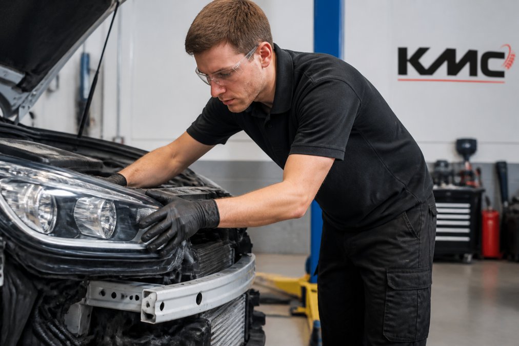 Mechanic in protective glasses inspecting a vehicle's headlights and front-end components in a bright workshop bay, checking alignment and condition with precision