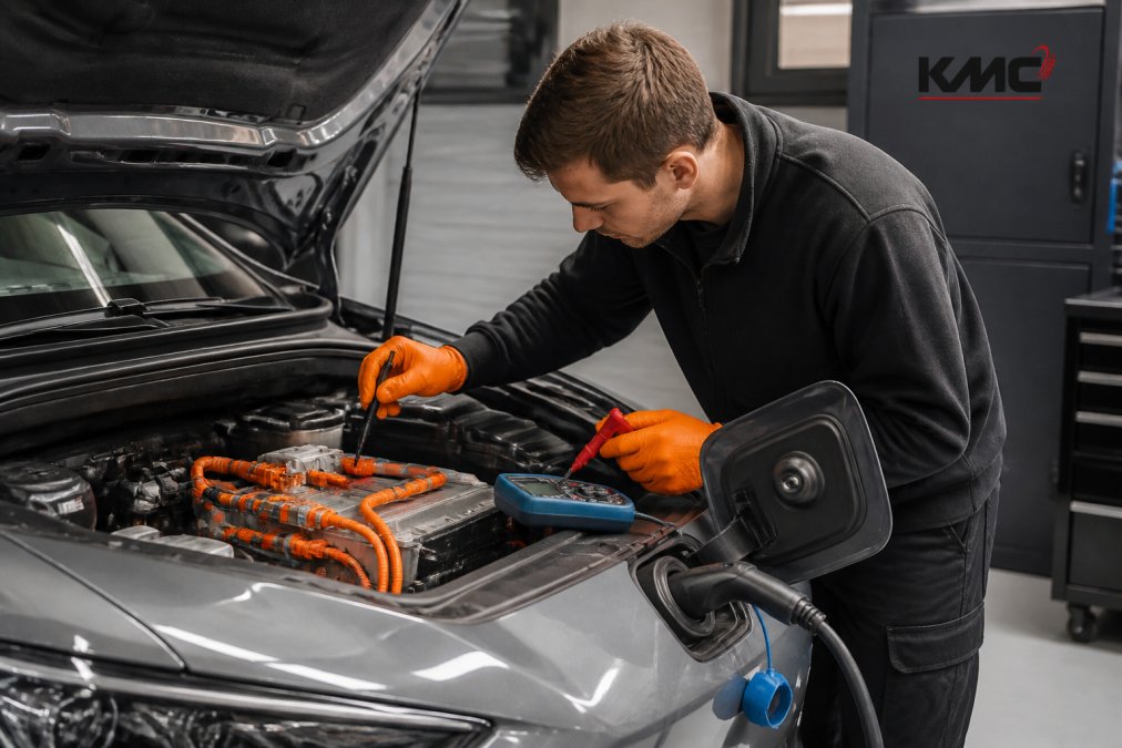 Technician in a workshop using diagnostic equipment connected to an electric vehicle, carefully checking battery connections and charging port systems with precision instruments
