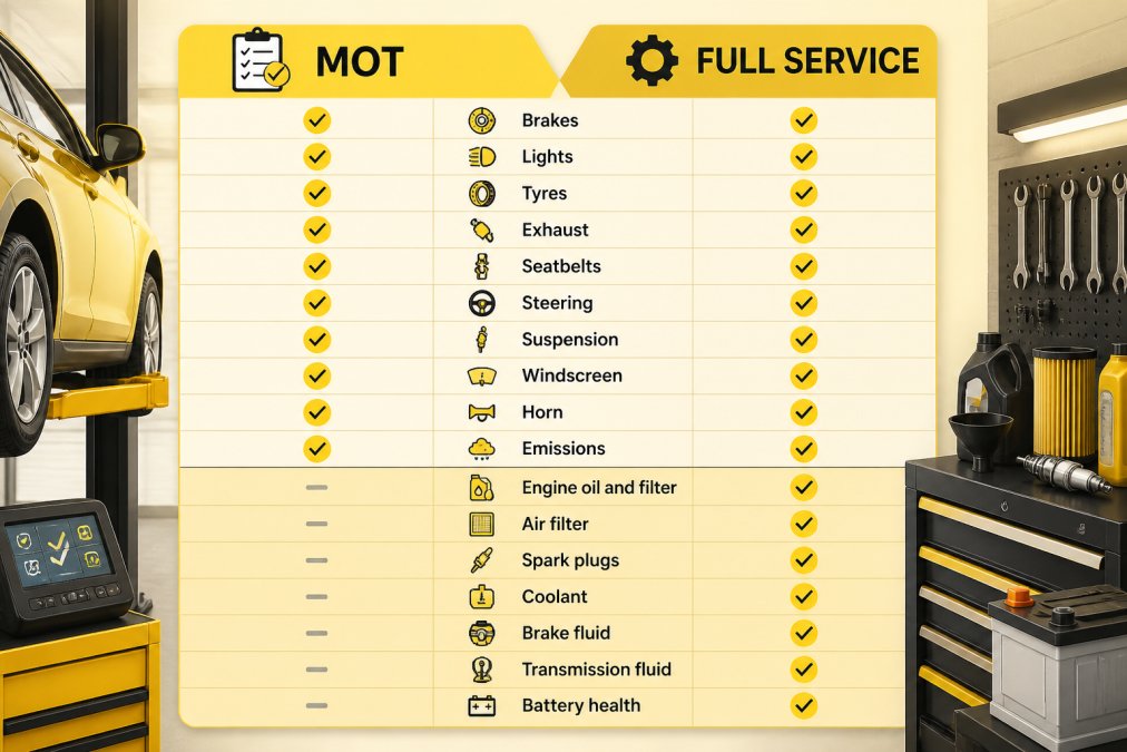 Comparison matrix of MOT versus full service coverage: brakes, lights, tyres, exhaust, seatbelts, steering, suspension, windscreen, horn and emissions appear in both; engine oil and filter, air filter, spark plugs, coolant, brake fluid, transmission fluid and battery health are service-only