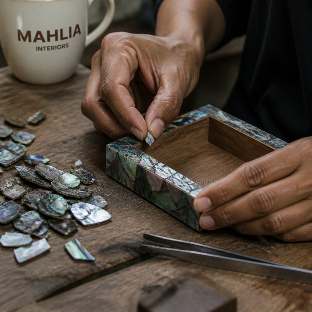 Close-up of artisan hands carefully inlaying abalone shell fragments into a wooden box base, showing intricate detail work and precision