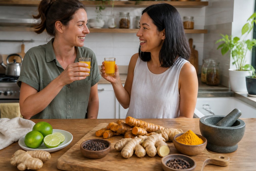Fresh ginger root, turmeric powder, and whole spices arranged on a wooden cutting board with warm natural lighting and fresh lime slices