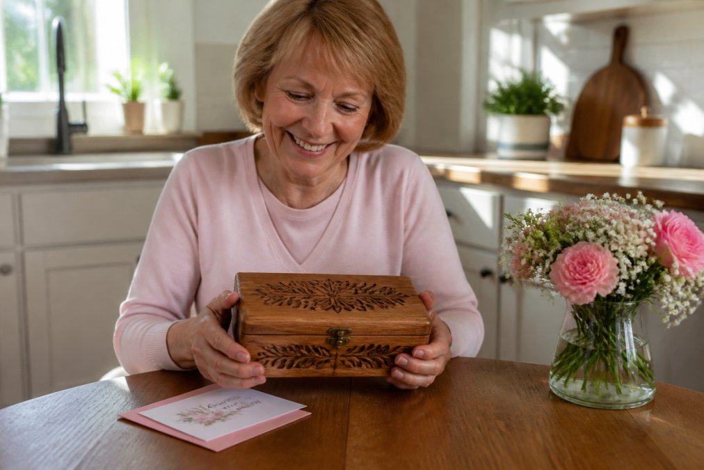 Infographic flowchart mapping the steps to customize a Mother's Day gift keepsake box for a loved one.