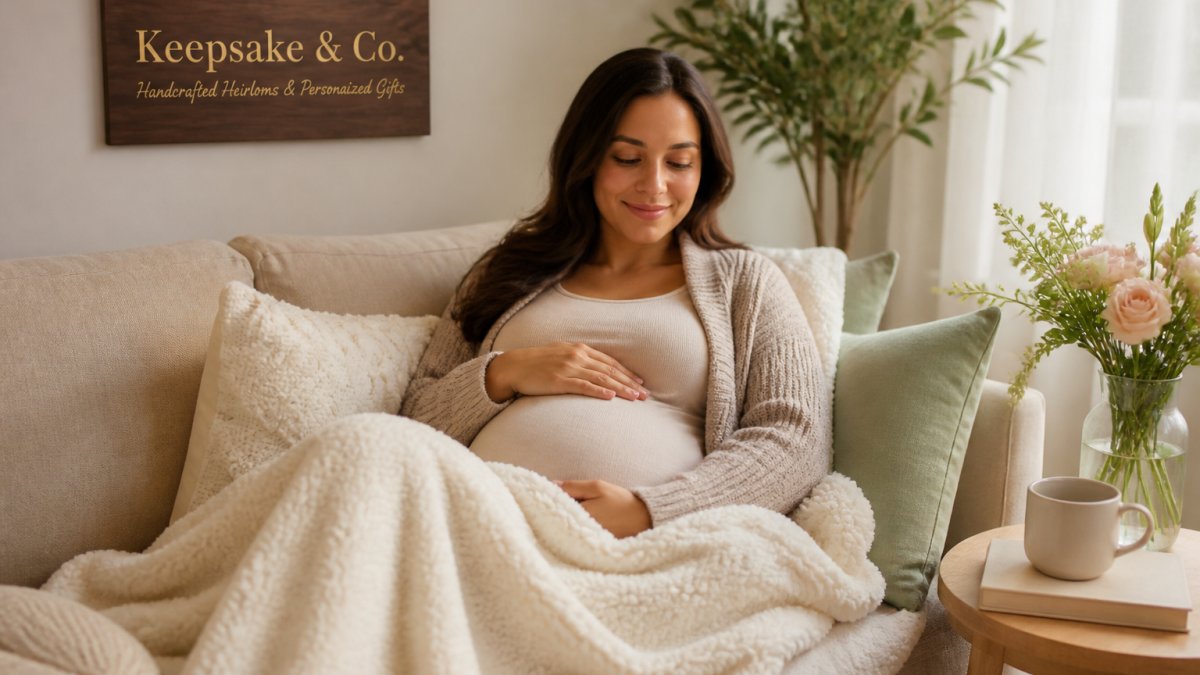 Pregnant woman relaxing on a couch wrapped in a cozy fleece blanket with her hands resting on her belly