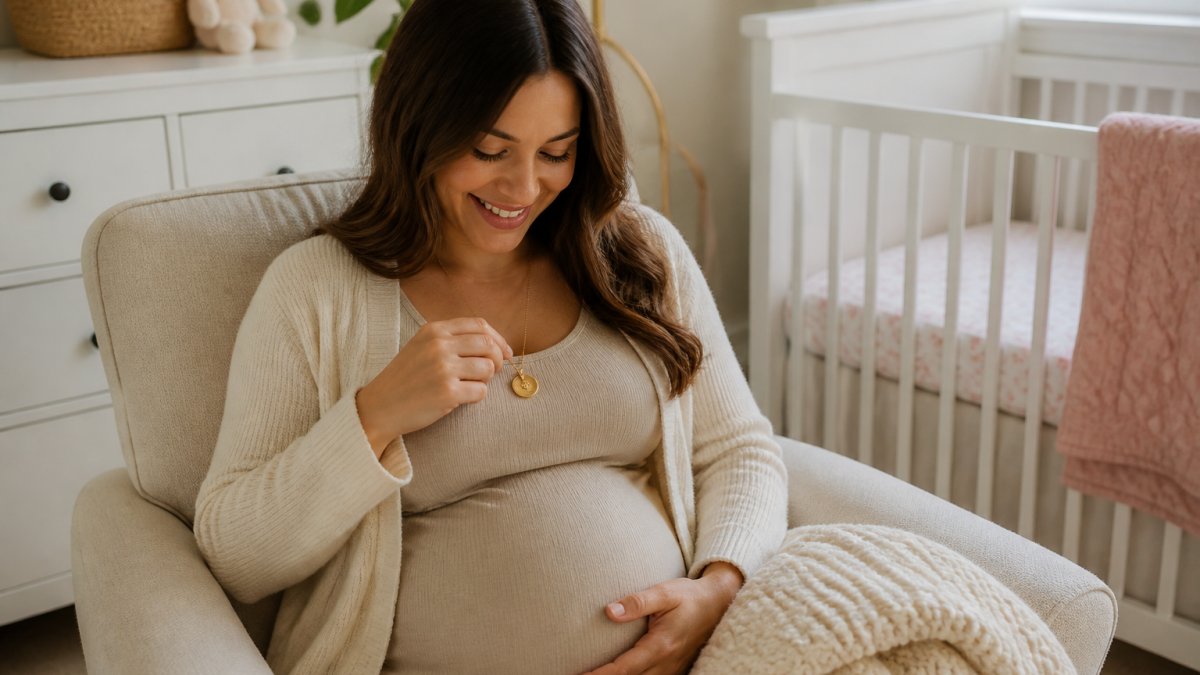 Expecting mother in soft-lit nursery holding personalized necklace and cozy blanket, smiling warmly with hand on belly