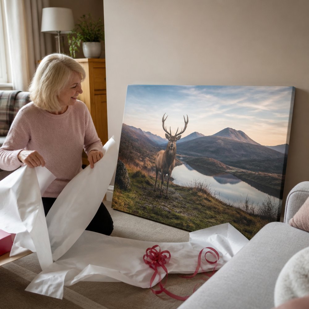 A woman in her sixties smiling as she unwraps a large canvas print of a stag beside a Scottish loch, hung temporarily against a soft neutral living room wall, with wrapping paper and ribbon on the floor nearby