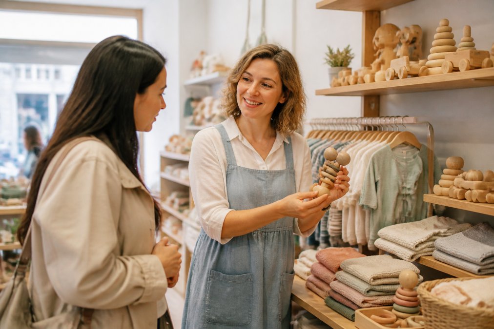 A parent in a bright, modern baby boutique speaking with a friendly staff member who is showing a thoughtfully arranged display of wooden toys and organic cotton clothing