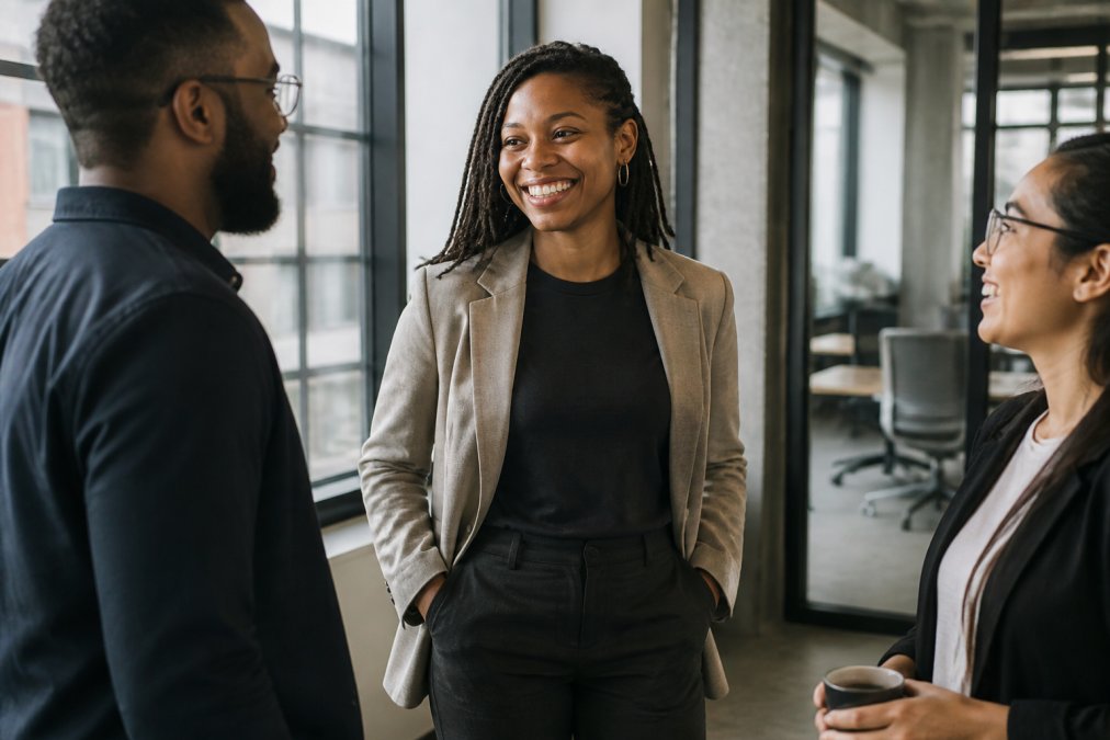 Young professional wearing a motivational graphic tee layered under a tailored blazer in a modern office setting with natural window lighting, demonstrating how to style helping apparel for corporate environments