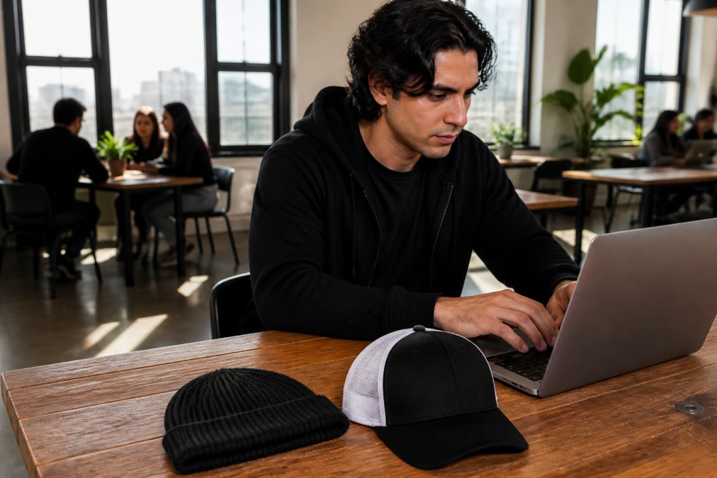 A young entrepreneur wearing a black logo tee and hoodie, typing on a laptop in a sunlit modern co-working space, with a beanie and trucker cap resting on the wooden desk beside them