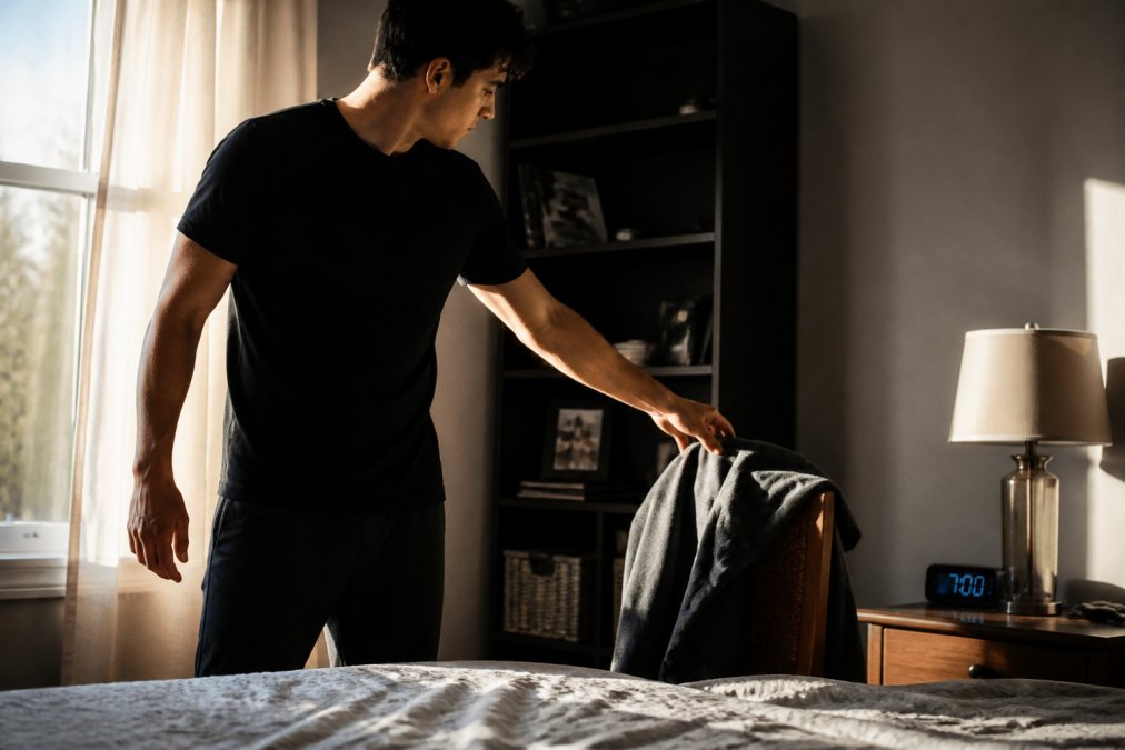 A person in a plain black graphic tee standing in a sunlit bedroom, reaching for a hoodie draped over a chair, with a smartphone alarm clock glowing on the nightstand